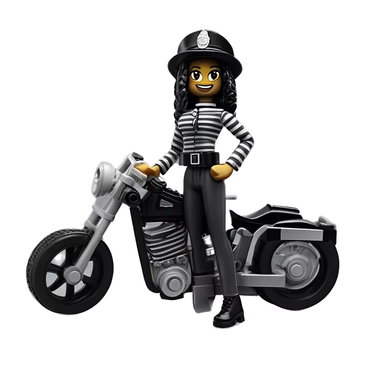 Lego, Jeffery New York Evening Gown Barbie, Wednesday Addams from academy, in vertically-striped dark-gray and black London police officer’s uniform with hat. Leaning back at the hips, riding a wheelie on a hot rod bike smiling
