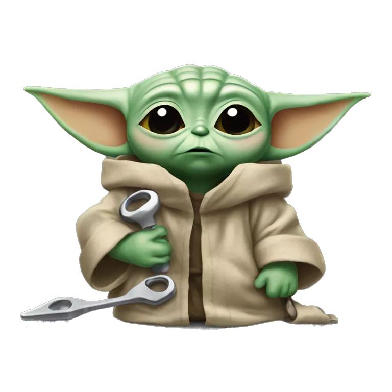 Baby Yoda  with a wrench and tired expression. tired from long repair, wipes the sweat off his face.