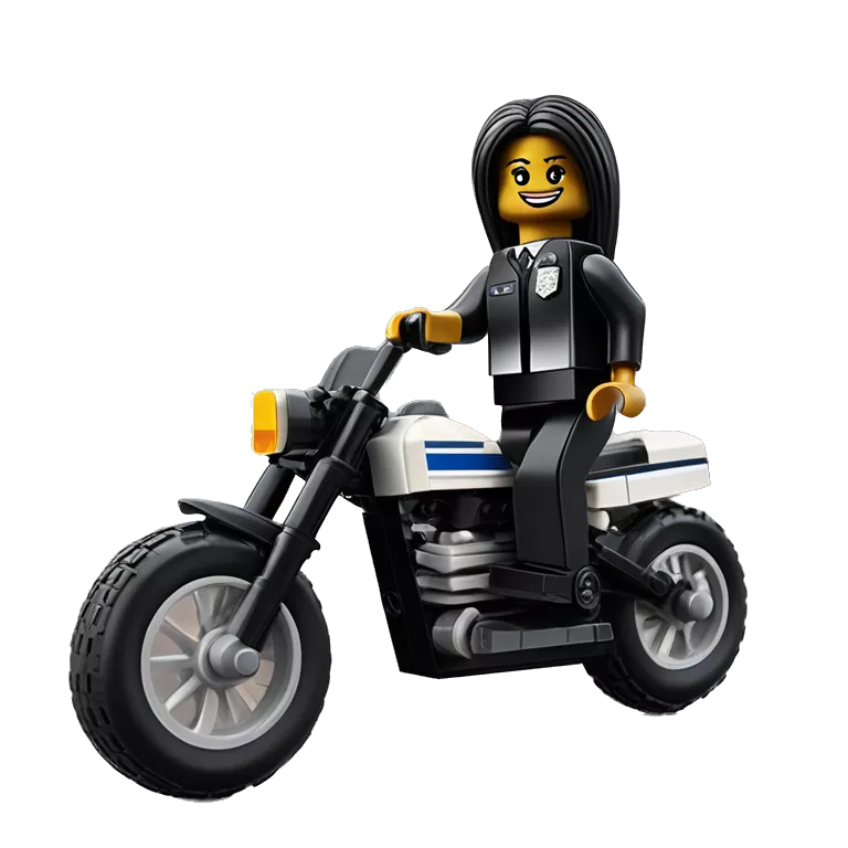 Lego, Jeffery New York Evening Gown Barbie, Wednesday Addams from academy, in vertically-striped dark-gray and black police officer’s uniform with small hat. Leaning back at the hips, riding a wheelie on a hot rod bike smiling