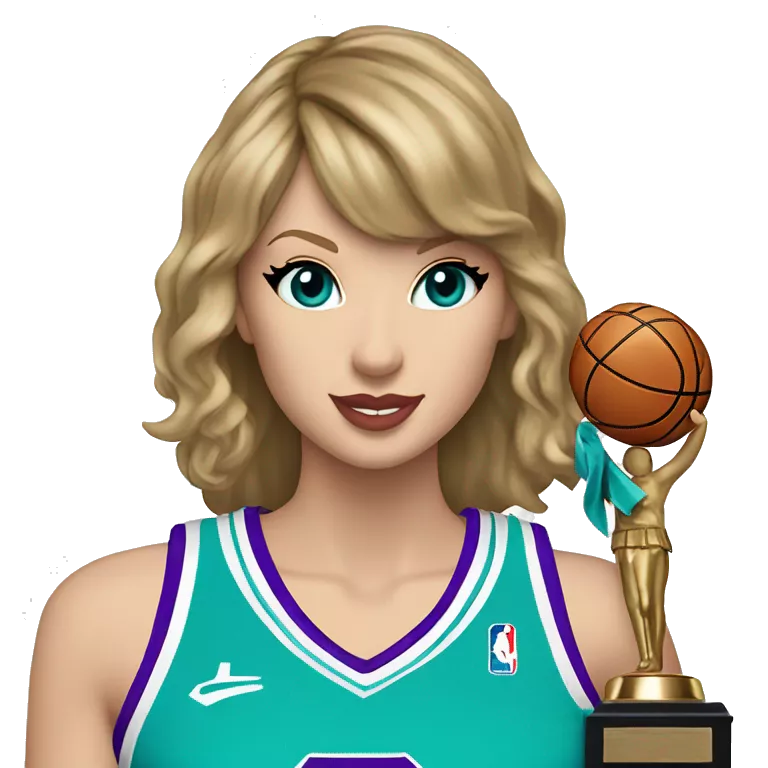 Taylor Swift wearing purple and aqua basketball uniform holding trophy with SWIFTYS on uniform