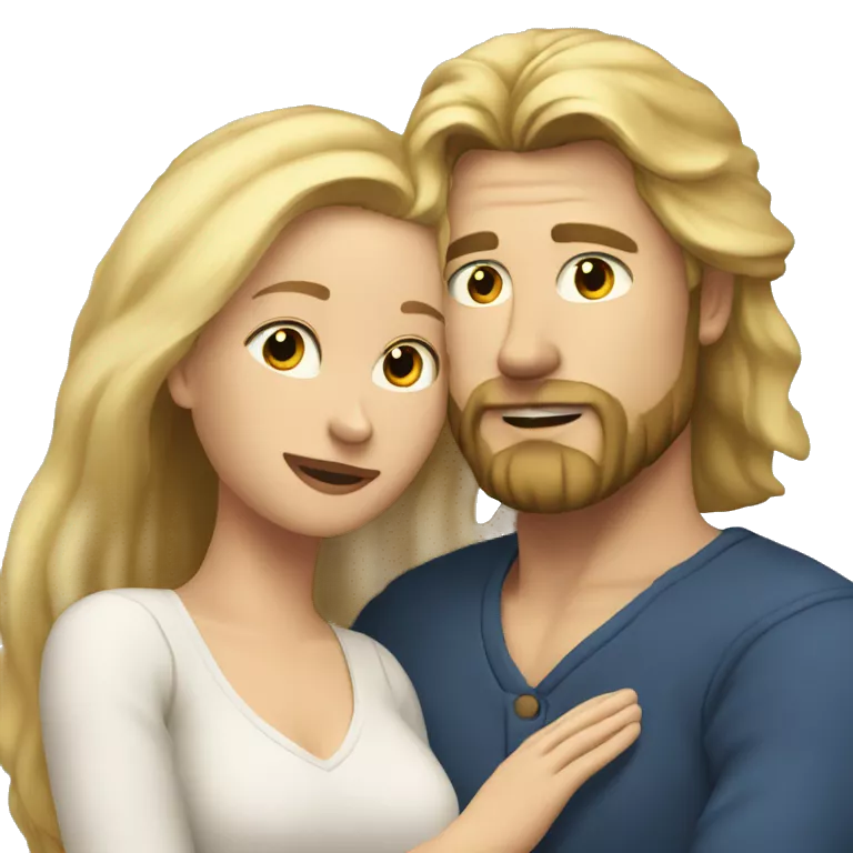 blonde woman, long hair, huging a blonde man with beard. he's semi-long hair