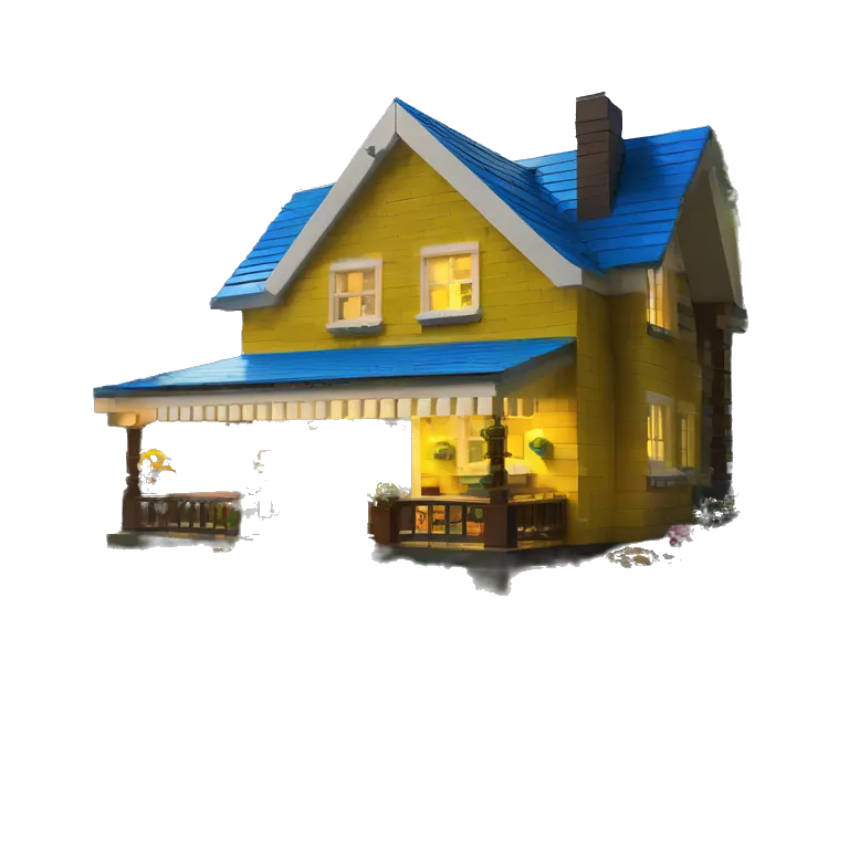 very very big Lego Cabin near a big tree.  Thick moss growing on the roofs. grass fields. porch lights turned off. bright white interior lights turned off. guests sitting in chairs on the porch, flowers and bushes are yellow and blue.