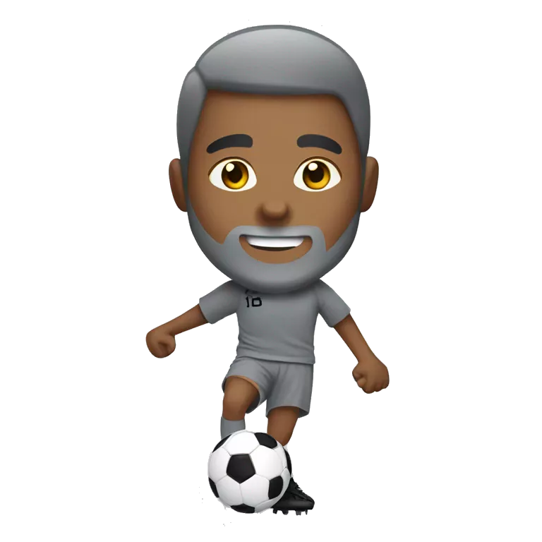 boy in gray soccer uniform  with gray beard  and hair kicking a soccer ball