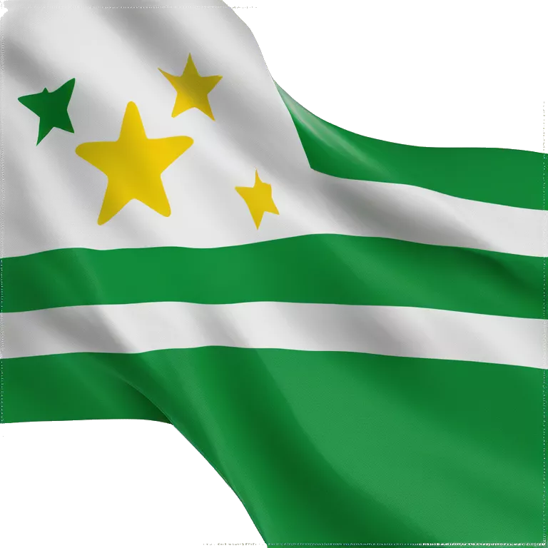 Azad Kashmir flag with 4 geen strips in between 4 white strips with uper left corner yellow square and on right square with green rectangle with small moon and star ini t