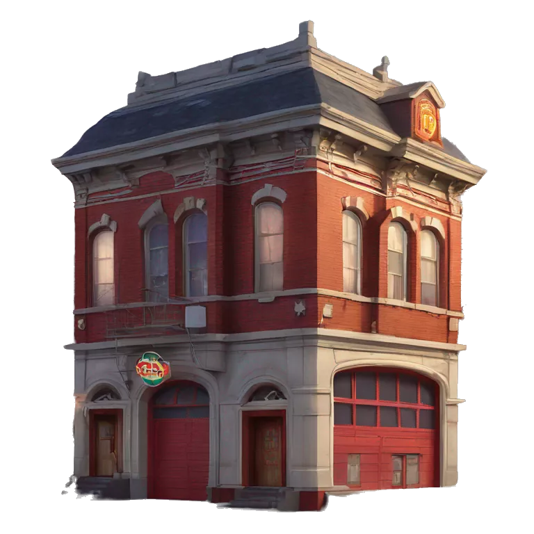 Very old dilapidated Firehouse building shaped like the Ghost Busters Firehouse with solar lights and decorative and detailed interior design
