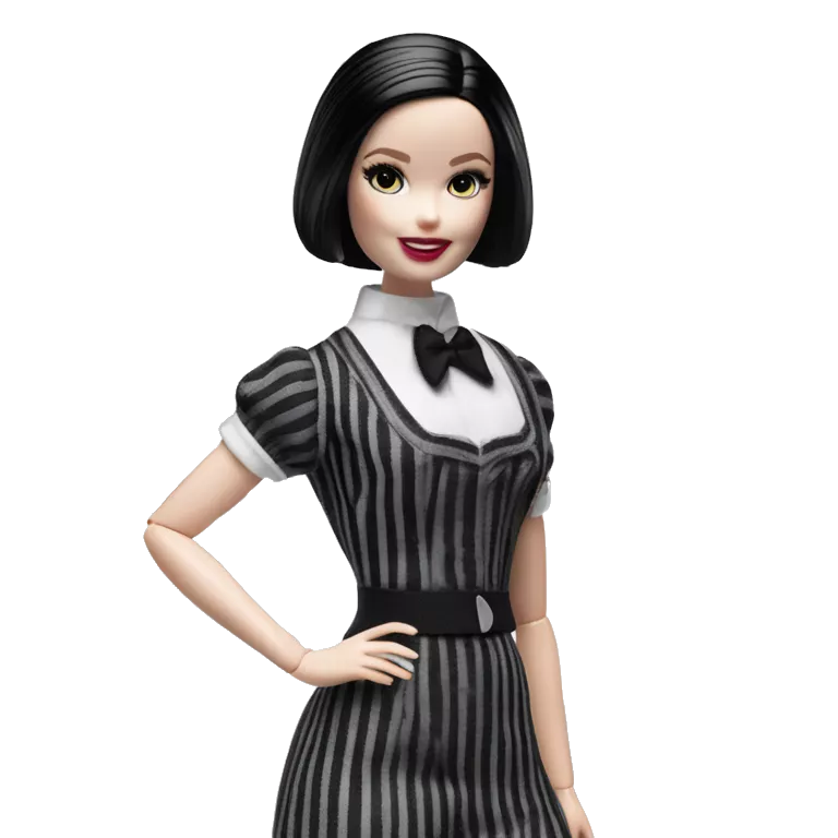 Silkstone Lingerie Barbie. Wednesday Addams from academy. Smiling. Dark-gray and black striped outfit. Very Pale-white porcelain skin.