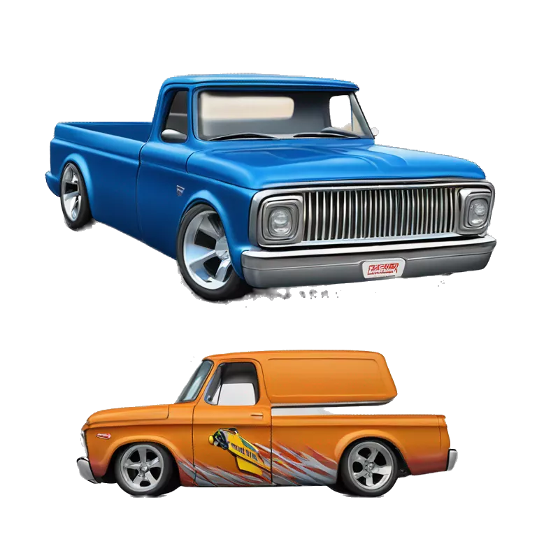 Side shot, Hot wheels, Hot rod, large panel truck, 1964 with exposed chrome exhaust pipes, blue, large wheels in back small front wheels