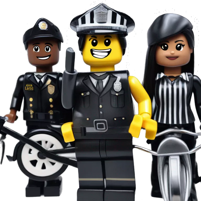 Lego, Jeffery New York Evening Gown Barbie, Wednesday Addams from academy, in vertically-striped dark-gray and black police officer’s uniform with small hat. Leaning back at the hips, riding a wheelie on a hot rod bike smiling