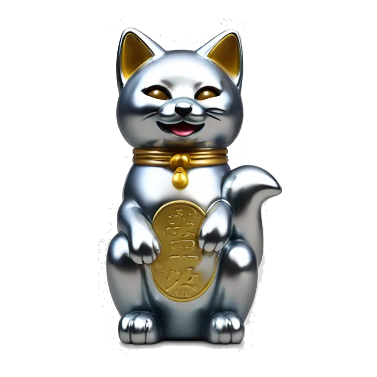 fully chrome fox statue in the form of maneki neko