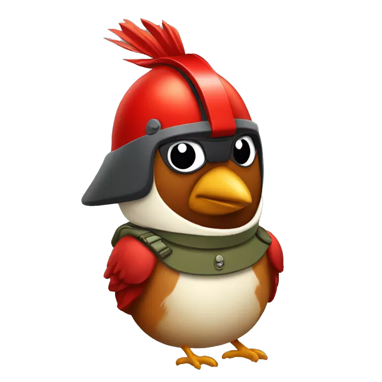 Cardinal bird wearing army helmet