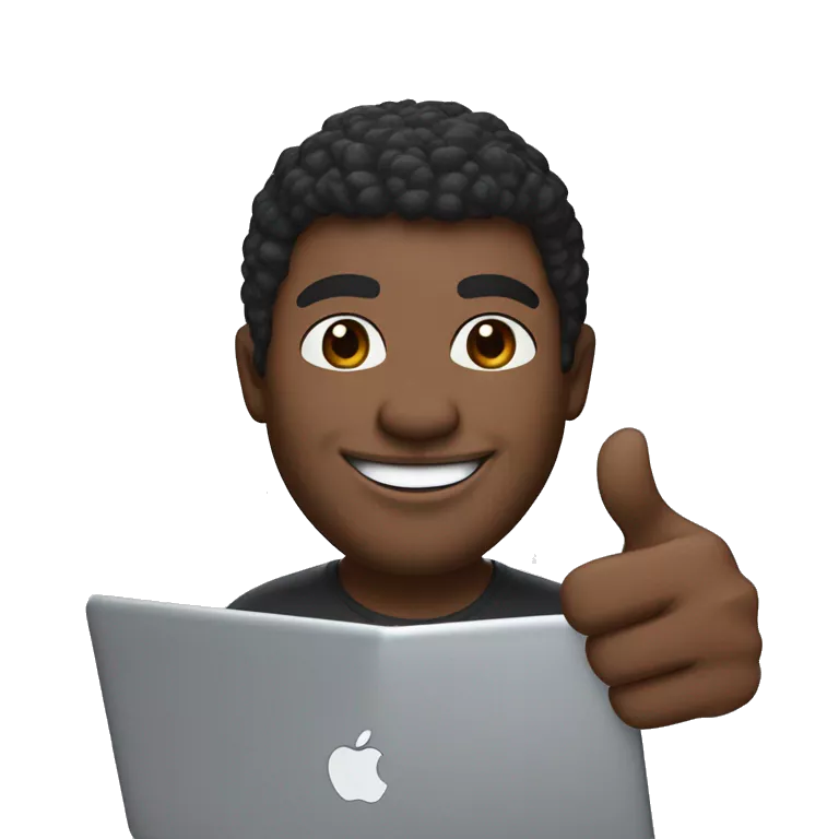 Design an iOS-style Memoji of a dark-skinned software engineer with a big smile. The Memoji should be slightly turned, giving a thumbs-up with the right hand and holding a Dell Precision 5680 laptop with the left hand. It should wear a beige hat