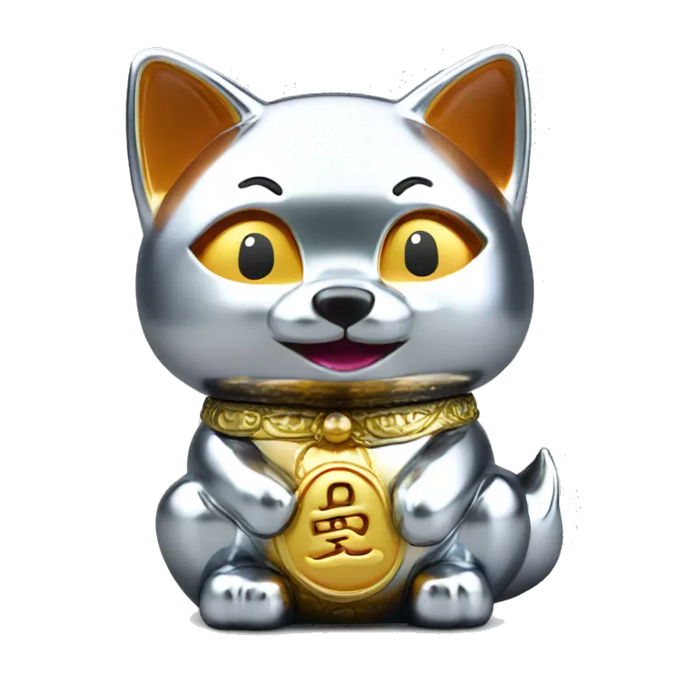 fully chrome fox statue in the form of maneki neko