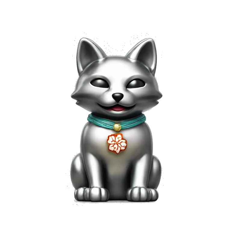 fully chrome fox statue in the form of maneki neko