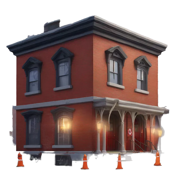 Very old dilapidated Firehouse building shaped like the Ghost Busters Firehouse with solar lights and decorative and detailed interior design with police barricades and police barriers around it