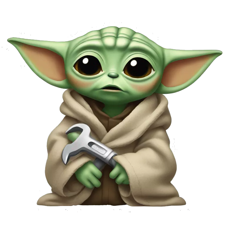 Baby Yoda  with a wrench and tired expression. tired from long repair, wipes the sweat off his face.