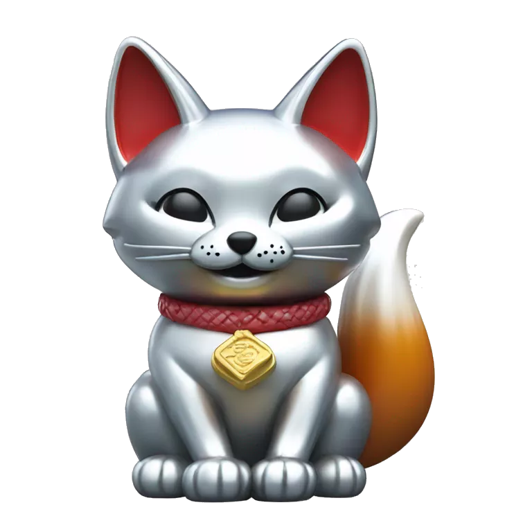 fully chrome fox statue in the form of maneki neko