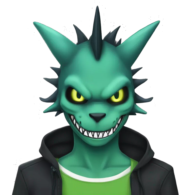 Digimon-Fakémon, horns, black body, green mane, anthro, furry, shark, black skull face, black skull mask, green stripes, tufted tail, full body, shark, creature, vernid, LiLaiRa,