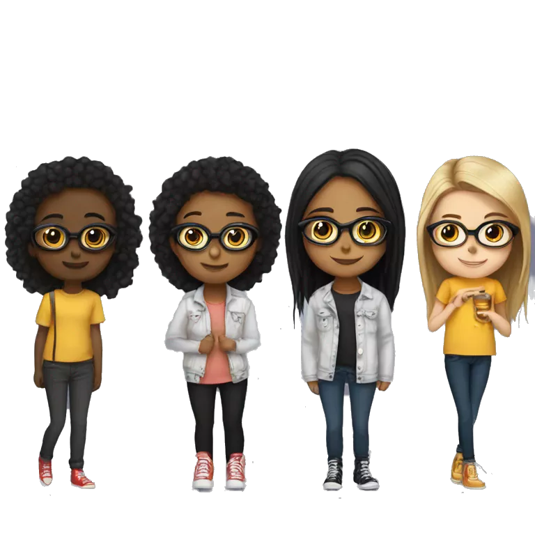 4 girls 2 have glasses 1's height is il small and black rest 3 r perfct and lil black doesn't have glasses