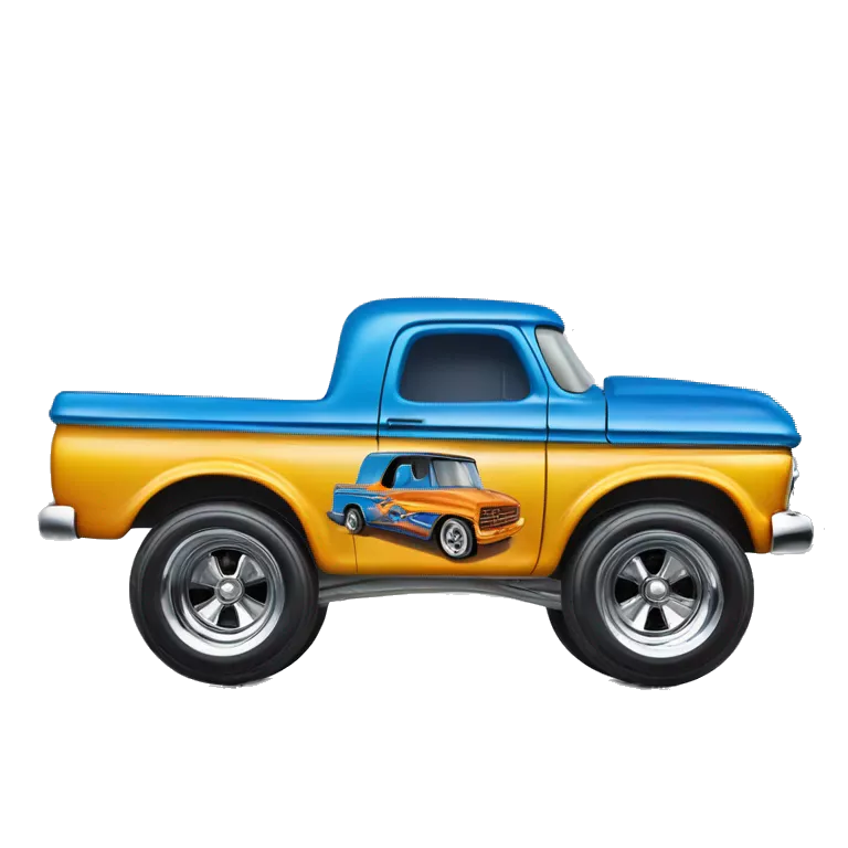 Side shot, Hot wheels, Hot rod, large panel truck, 1964 with exposed chrome exhaust pipes, blue, large wheels in back small front wheels