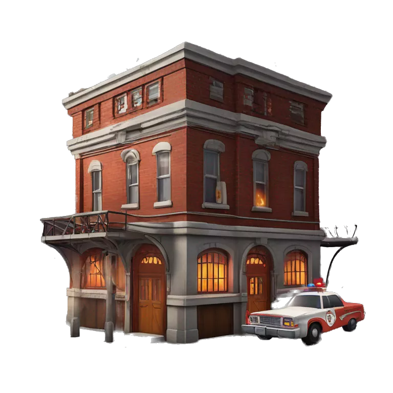 Very old dilapidated Firehouse building shaped like the Ghost Busters Firehouse with solar lights and decorative and detailed interior design with police barricades and police barriers around it