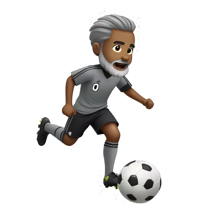 small boy in gray soccer uniform and black shorts with gray beard  and hair kicking a soccer ball