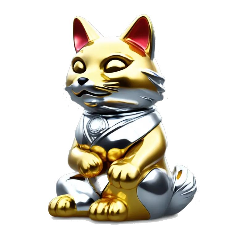 fully chrome fox statue in the form of maneki neko