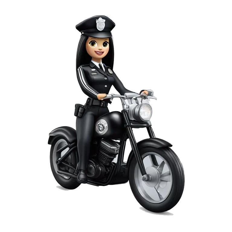 Good Time Barbie, Wednesday Addams from academy, in vertically-striped dark-gray and black London police officer’s uniform with hat. Leaning back at the hips, riding a wheelie on a hot rod bike smiling