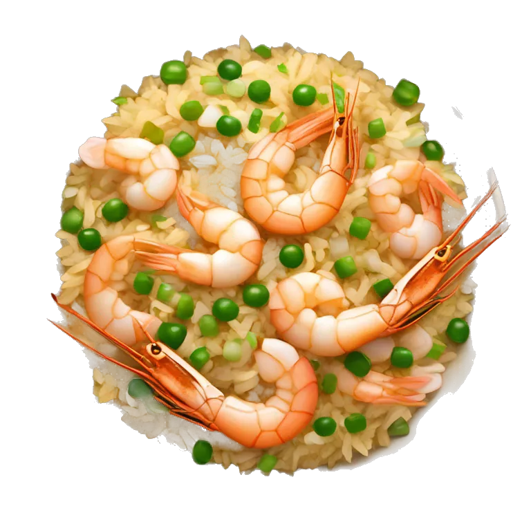a freshly cooked bowl of gold prawn egg fried rice garnished with sliced garlic and spring onions
