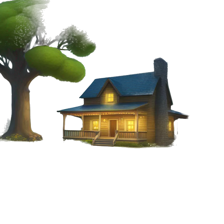 very very big Cabin near a big tree.  Thick moss growing on the roofs. grass fields. porch lights turned off. bright white interior lights turned off. guests sitting in chairs on the porch, flowers and bushes are yellow and blue.