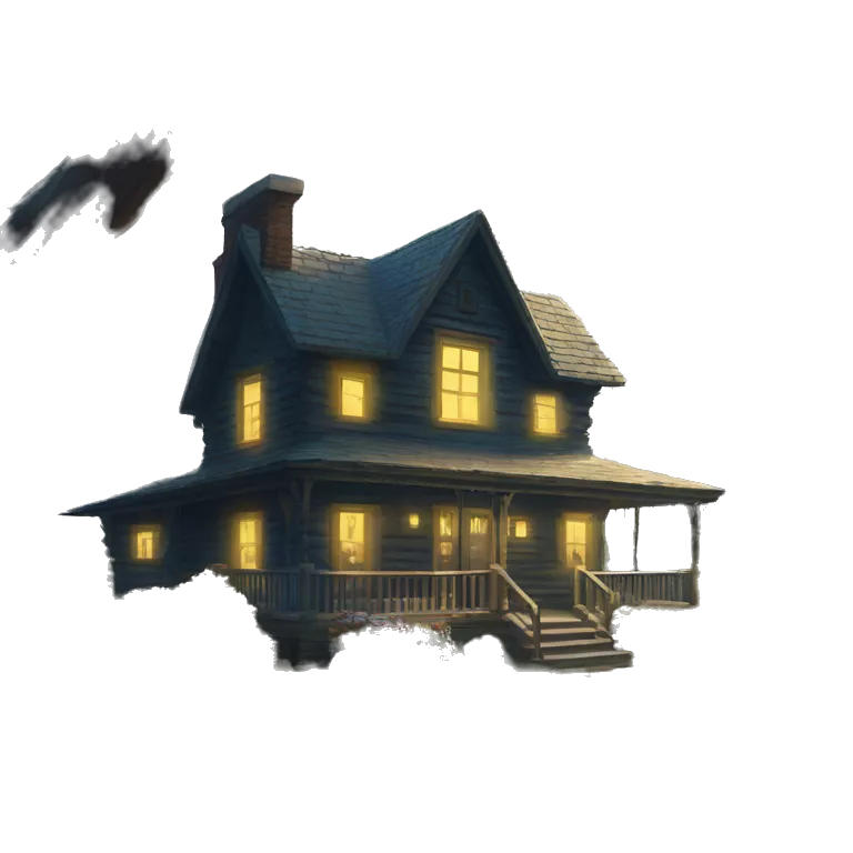 very very big Cabin near a big tree.  Thick moss growing on the roofs. grass fields. porch lights turned off. bright white interior lights turned off. guests sitting in chairs on the porch, flowers and bushes are yellow and blue.