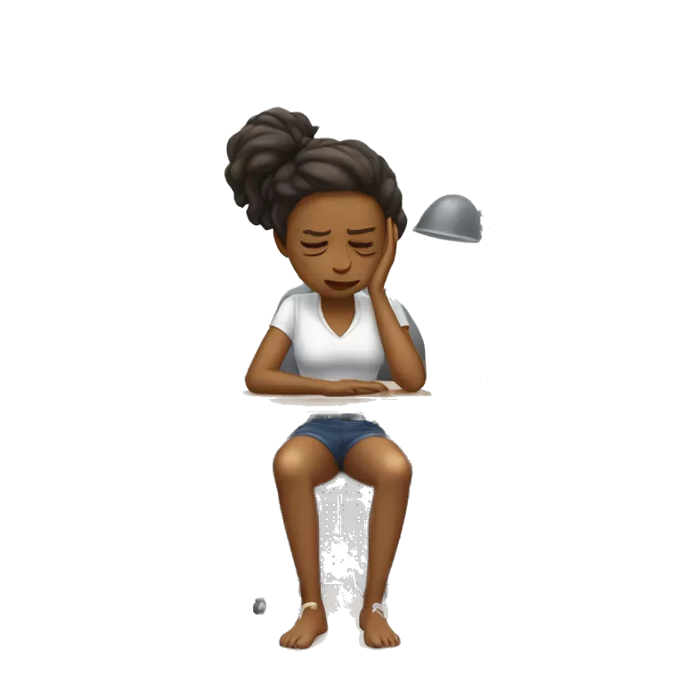 full body girl sitting at her desk with her hands on her head, she is visibly stressed from the computer in front of her