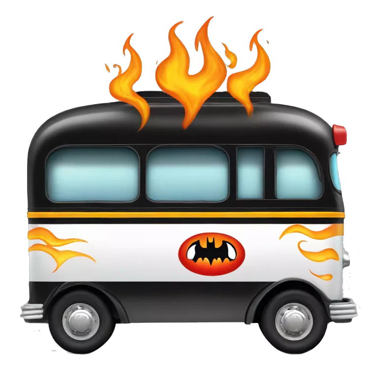 Side view shiny Batman’s black with vertical hot rod flames 1956 ghost busters accessorized school bus