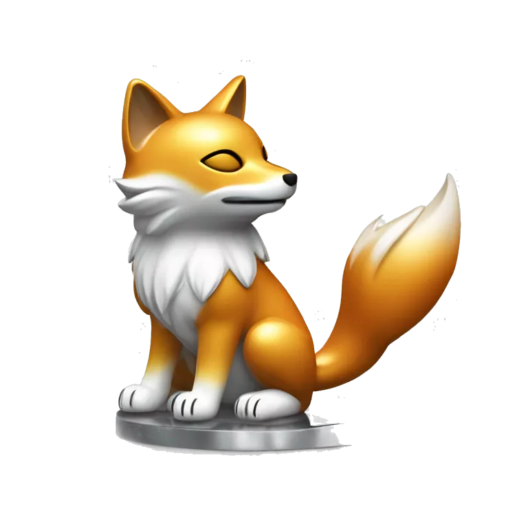 Fully chromed Maneki Neko-style fox statue in iOS emoji style, with smooth, rounded edges, reflective surface with soft light reflections. Minimalist features like the tail, raised paw, and coin. Plain white background to emphasize the chrome texture.