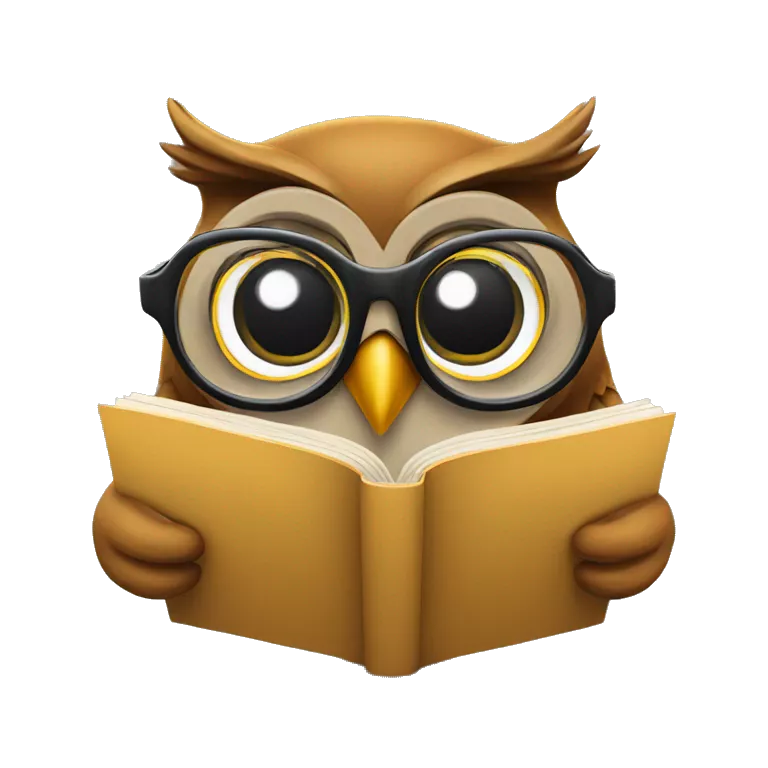 A wise owl reading a book with reading glasses