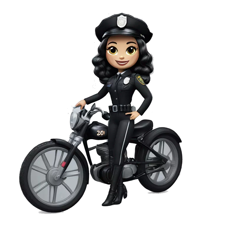 Bouclé Beauty Barbie, Wednesday Addams from academy, in vertically-striped dark-gray and black police officer’s uniform with small hat. Leaning back at the hips, riding a wheelie on a hot rod bike smiling