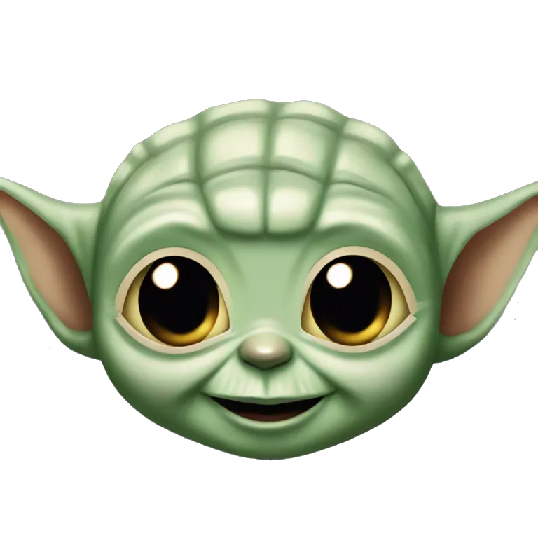 Baby Yoda smiles with a giant smile. Teeth visible