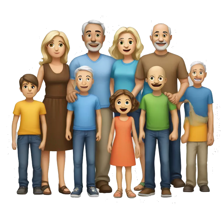 A family with 4 kids (1 girl, 2 boys with mid-colored skin, 1 boy with caucasian skin) and 7 adults (2 mid-age men, 3 mid-age women, 2 elderly).