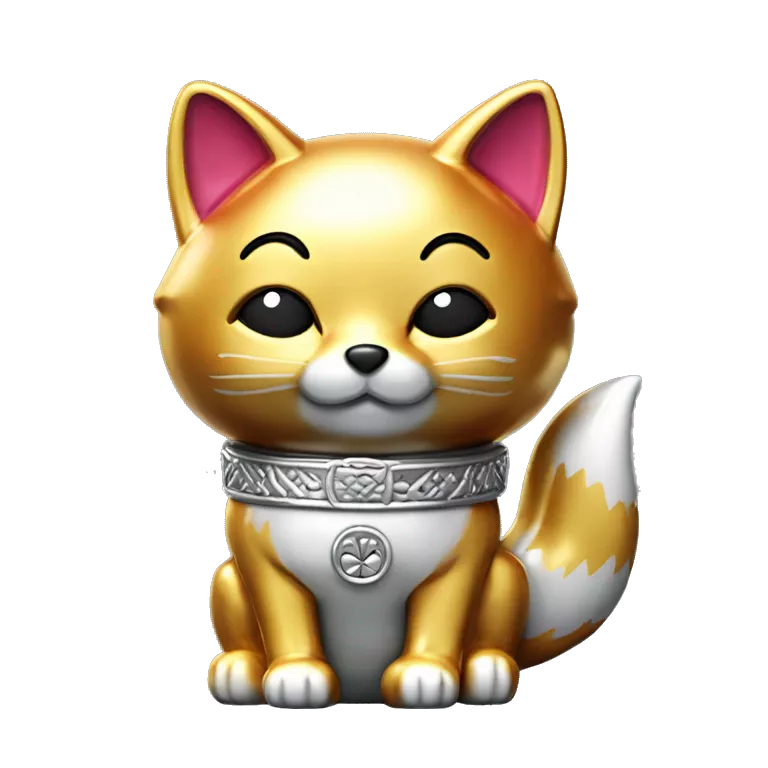 fully chrome fox statue in the form of maneki neko