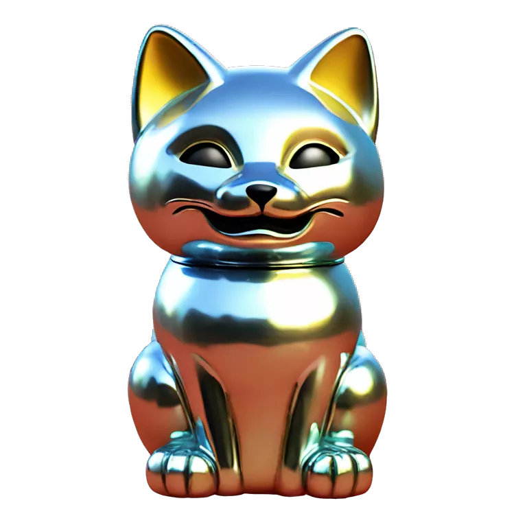 fully chrome fox statue in the form of maneki neko