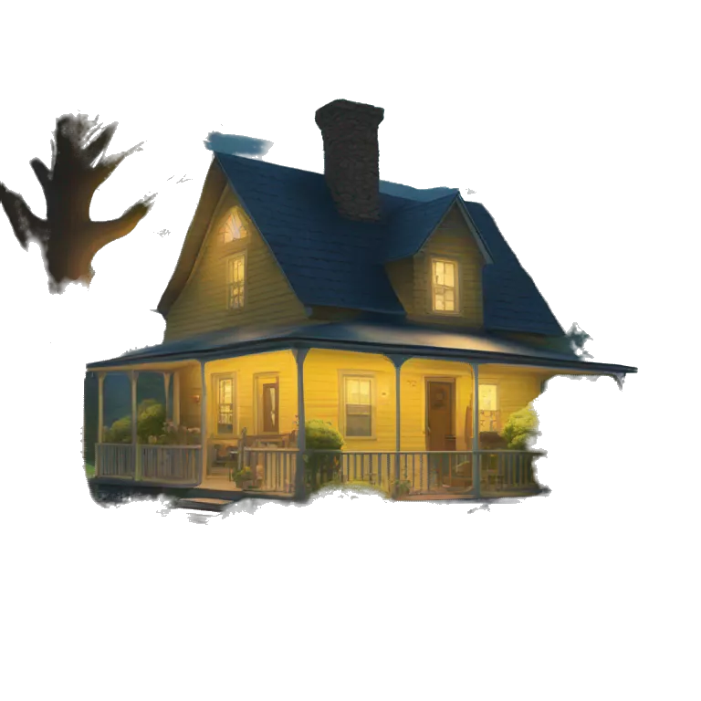 very very big Cabin near a big tree.  Thick moss growing on the roofs. grass fields. porch lights turned off. bright white interior lights turned on. guests sitting in chairs on the porch, flowers and bushes are yellow and blue.