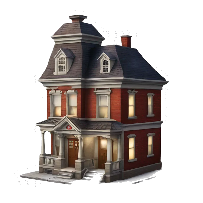 Very old dilapidated Apartment building shaped like the Ghost Busters Firehouse with solar lights and decorative and detailed interior design