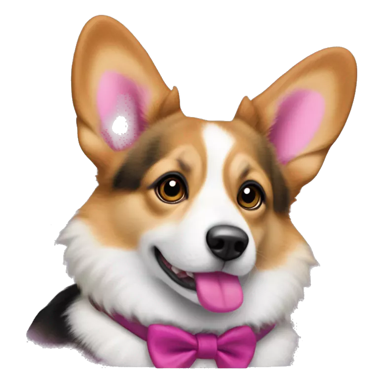Mitzi is a Pembroke Welsh Corgi with a long, pink-dyed tail. She wears deep pink lipstick, rose-colored blush, eyeliner and black-purple eyeshadow. Her eyes are brown, and she wears a fuchsia dog top with a tied fabric on the collar.