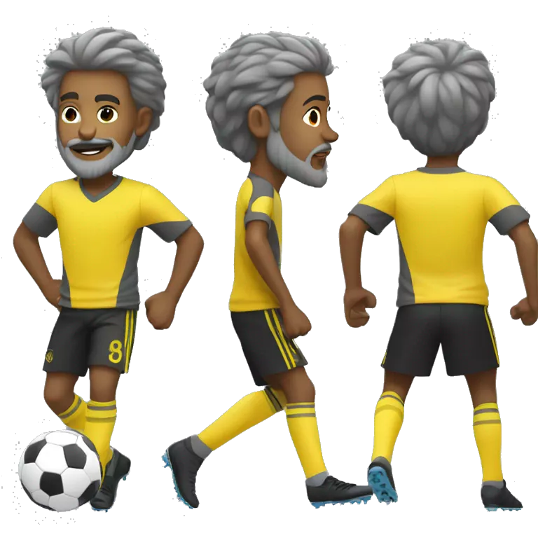 yellow boy in gray soccer uniform and black shorts with gray beard  and hair kicking a soccer ball