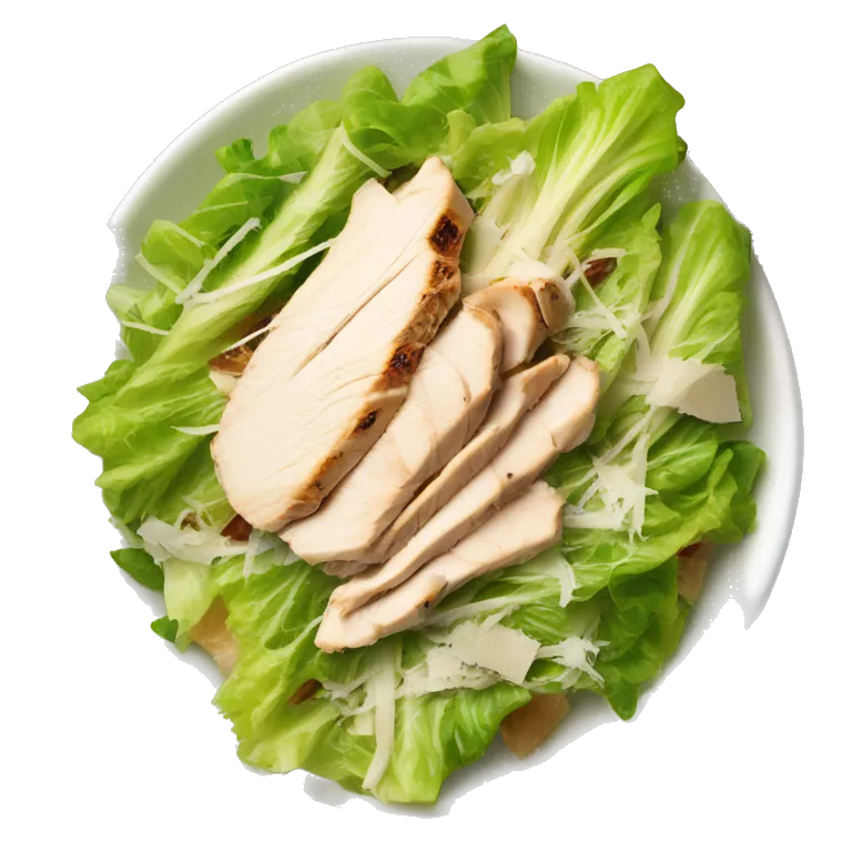 delicious salad with grilled shredded chicken romaine lettuce caesar salad dressing shaved parmesan cheese