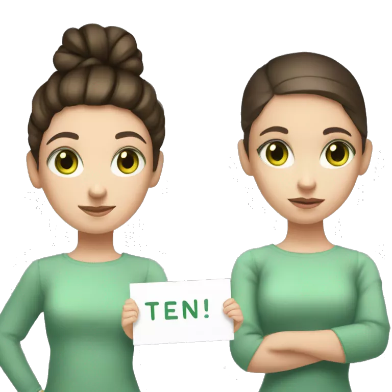 young girl with brunette hair tied up in a high bun and brunette hair, light green eyes the girl who is holding a sign with a ten