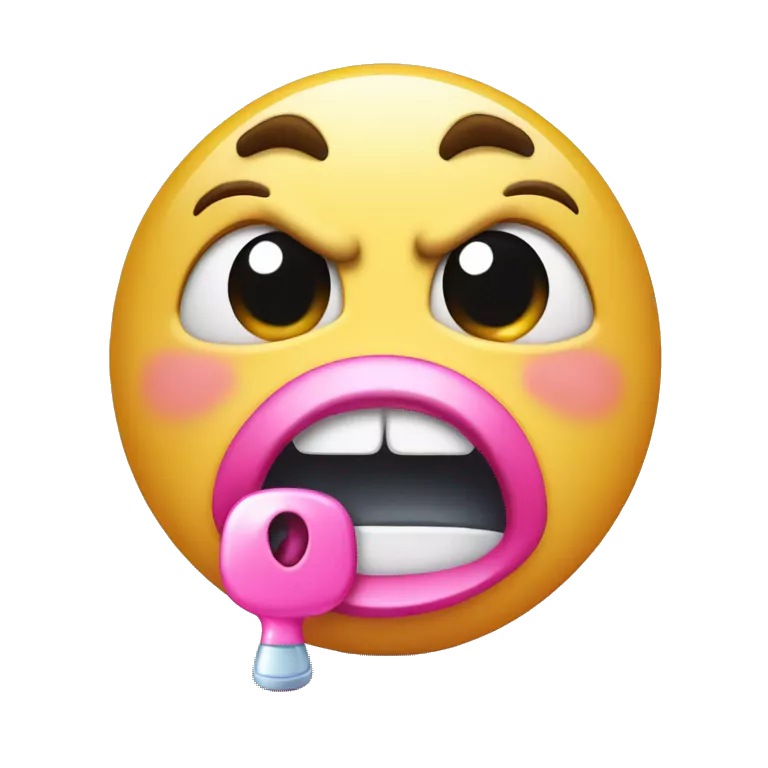 Crying emoji with pink pacifier in mouth, cheeks puffed out and looking angry while blushing.