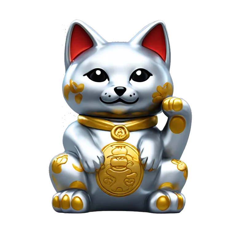 fully chrome fox statue in the form of maneki neko