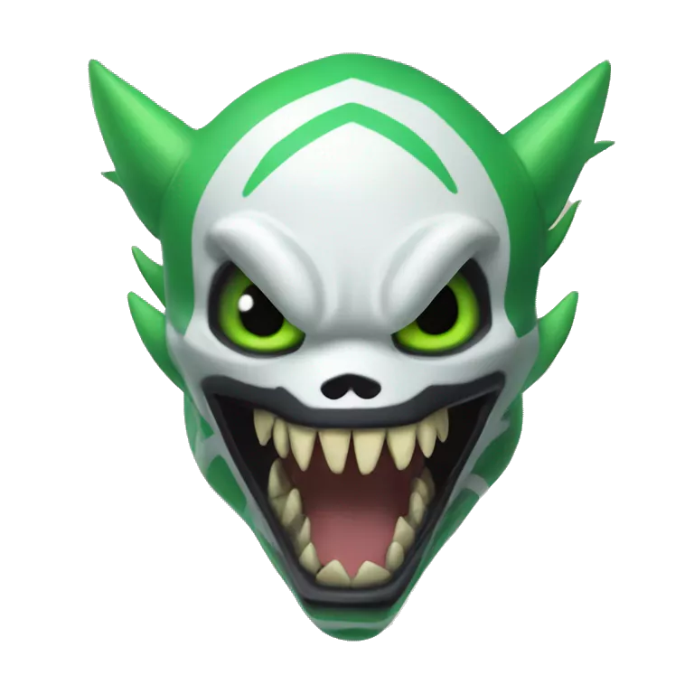 Digimon-Fakémon, horns, black body, green mane, anthro, furry, shark, skull face, skull mask, green stripes, tufted tail,