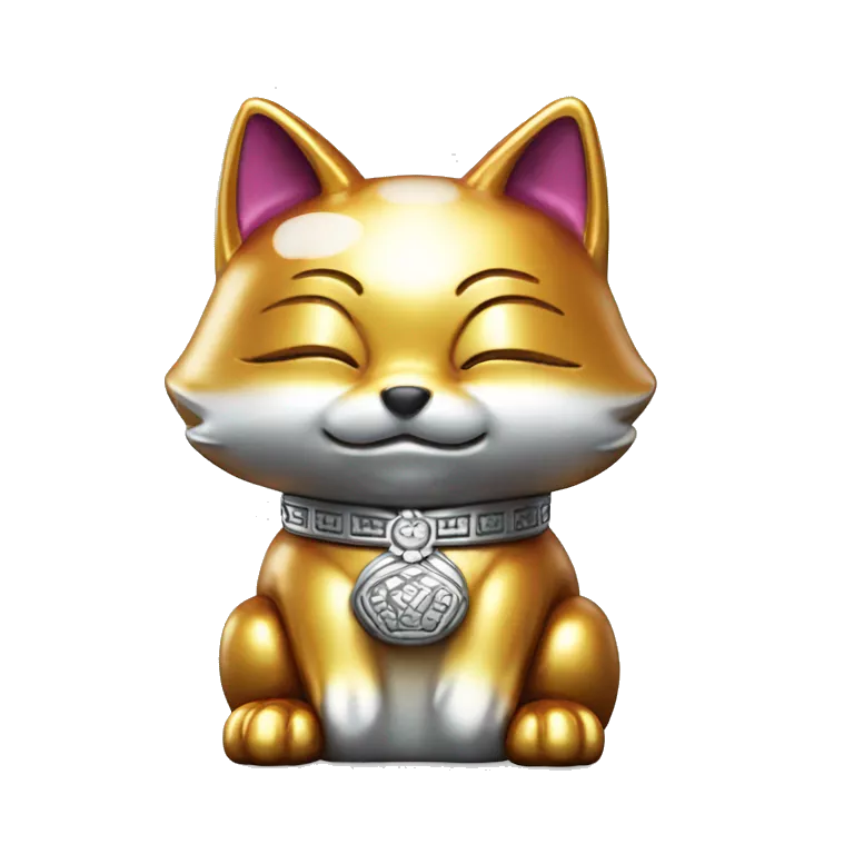 fully chrome fox statue in the form of maneki neko