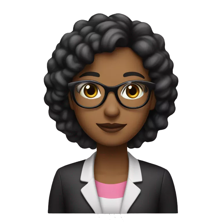 Profesora  pelo liso  negro y largo,  con lentes rosados